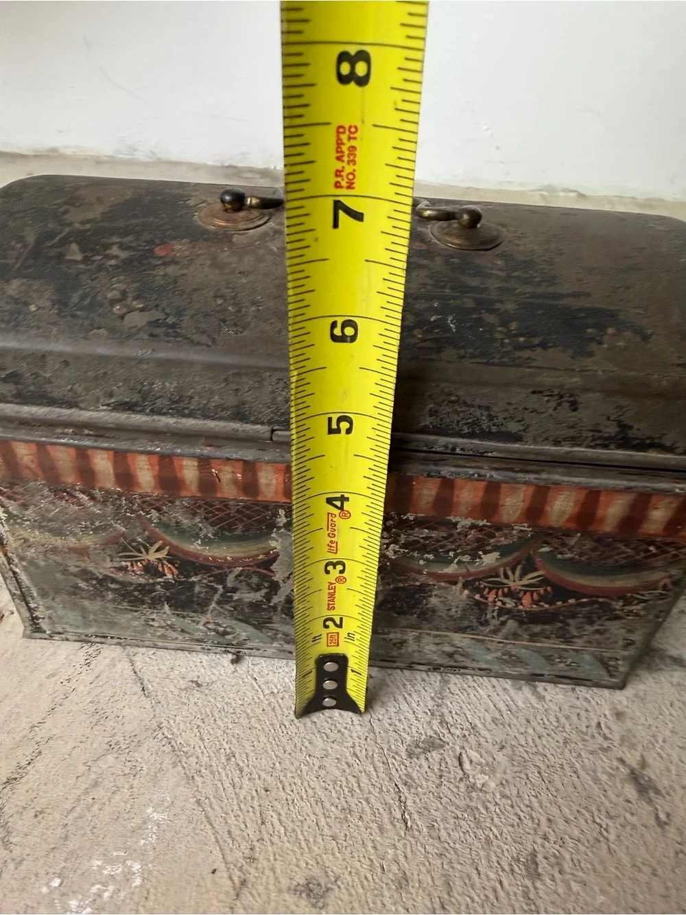 Antique Vintage Rustic Tin Metal Dome Top Box Hand Painted Folk Art Primitive